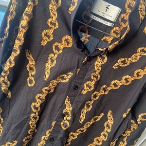 Father Sons Stretch Slim Fit Black Gold Chain Print Short Sleeve Shirt XL Retro‎
